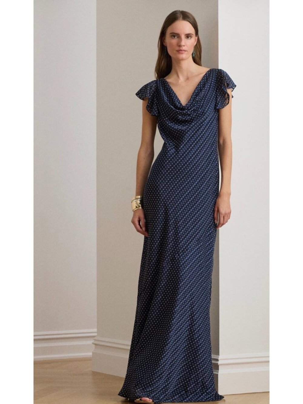 Lauren Ralph Lauren Lusita Burnout Cowl Neck polka dots Gown maxi dress size 10